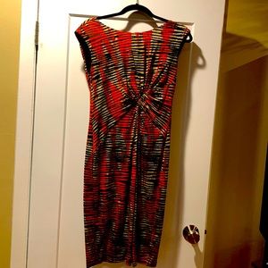 Jones Studio. Gorgeous red with tan & black stripes size 4 lined dress. Comfy.
